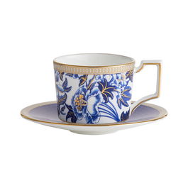 Wedgwood Taza de Café con Plato 70 ml Hibiscus (2 Unidades) con Franjas de Oro de 22 Quilates Apta para Lavavajillas